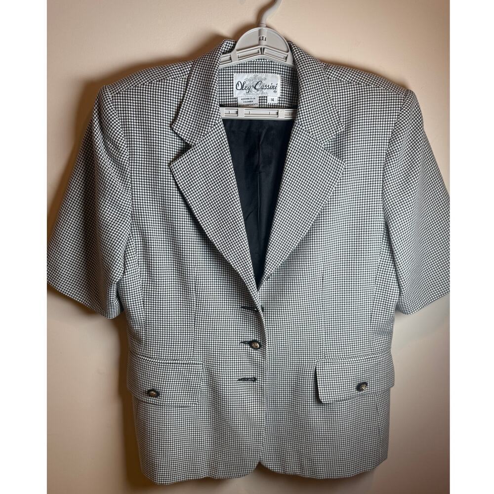 Oleg Cassini Women’s Houndstooth Blazer Size 14 Black White Short Sleeve